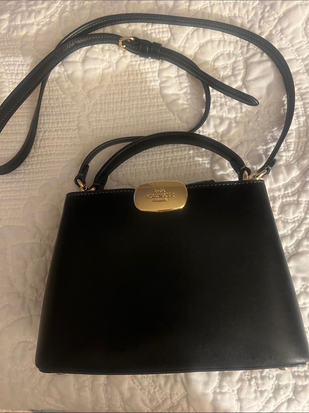 Coach Black Leather Mini Top-Handle Bag with Gold Plaque - Picture 3 of 4